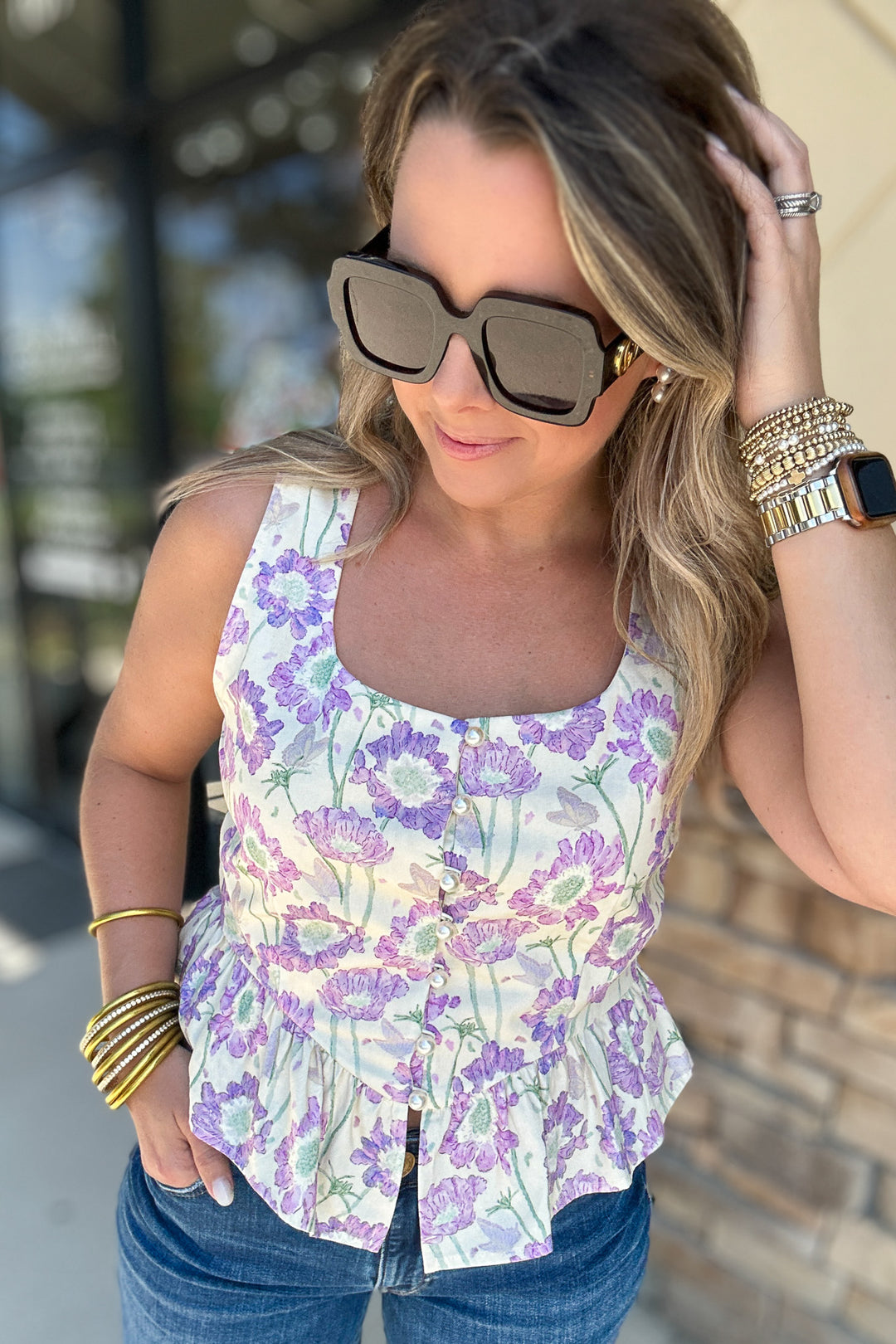 Summer In Bloom Peplum Pearl  Button Tank - Lilac