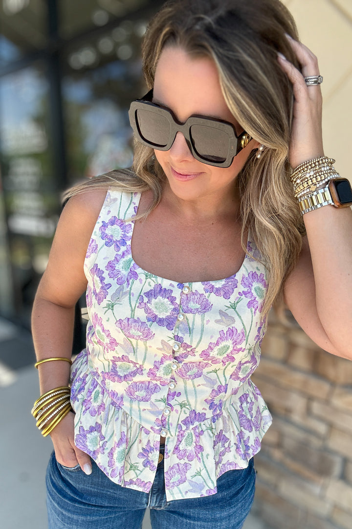 Summer In Bloom Peplum Pearl  Button Tank - Lilac