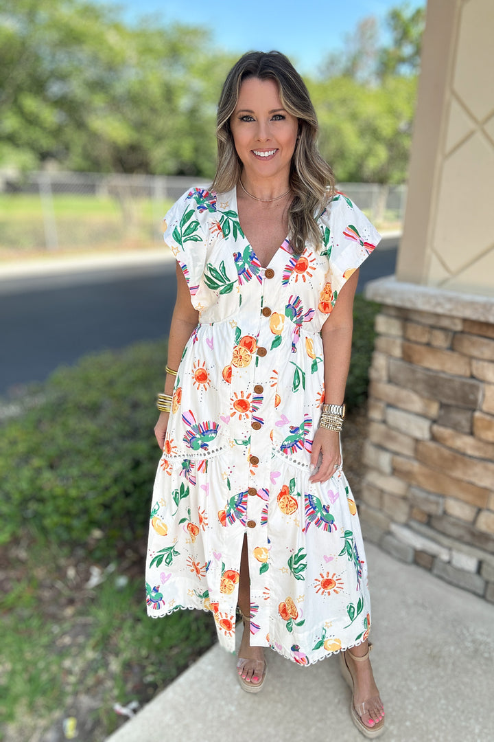 Karlie: Toucan Fruit V-neck Maxi Dress