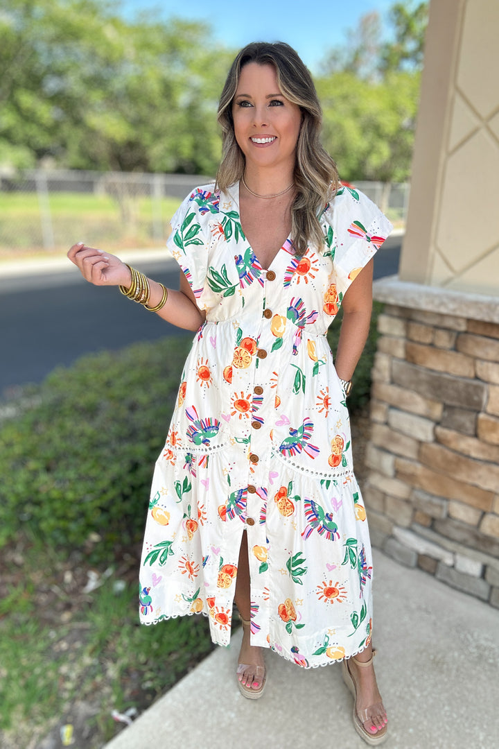 Karlie: Toucan Fruit V-neck Maxi Dress