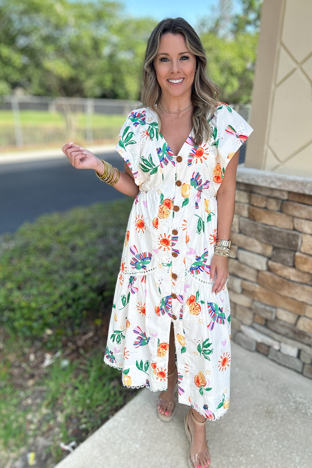 Karlie: Toucan Fruit V-neck Maxi Dress