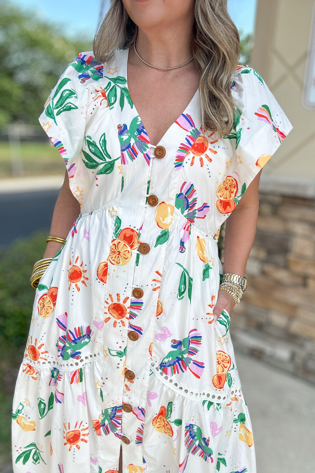 Karlie: Toucan Fruit V-neck Maxi Dress