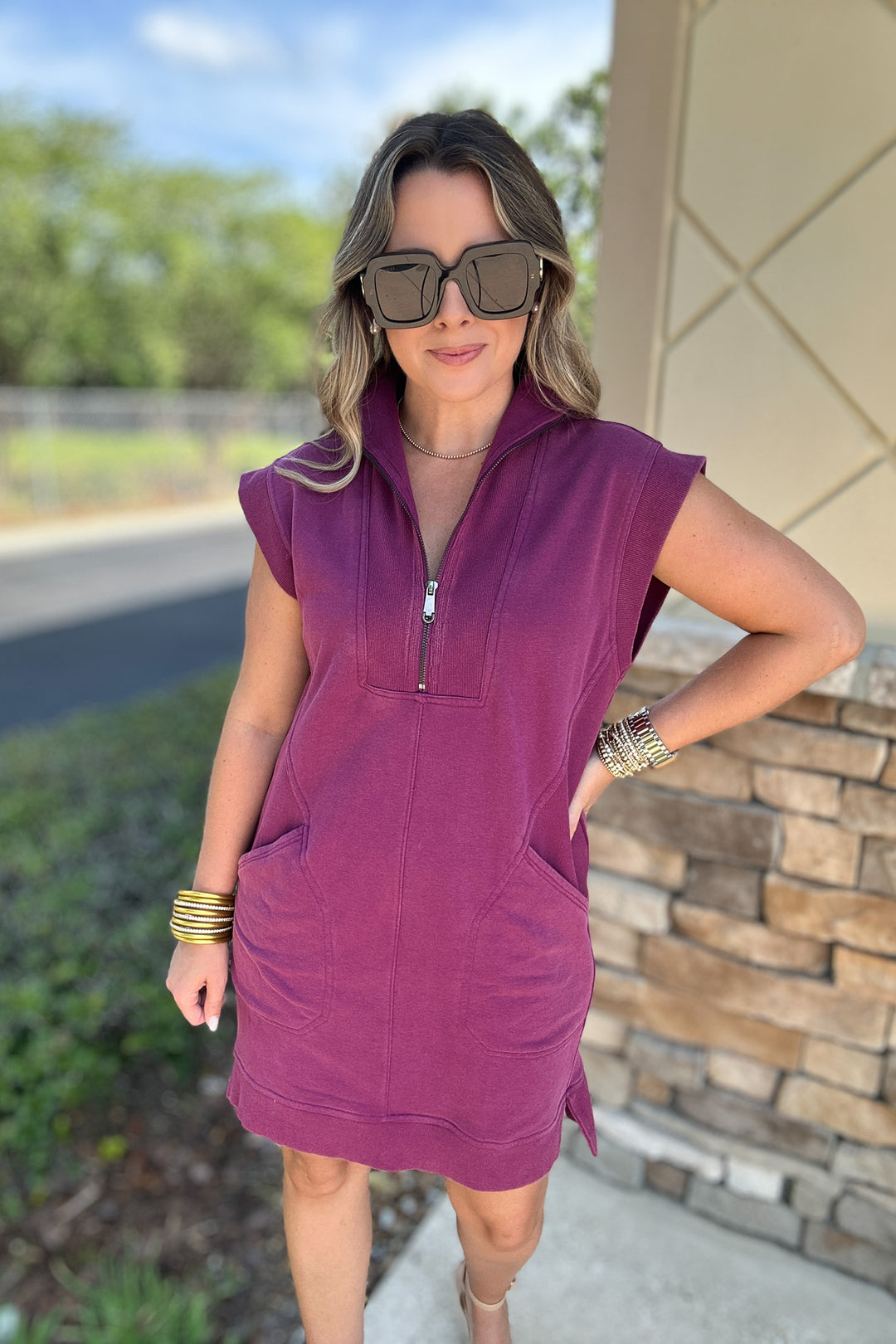 Meg Half Zip Sweatshirt Dress  - Plum