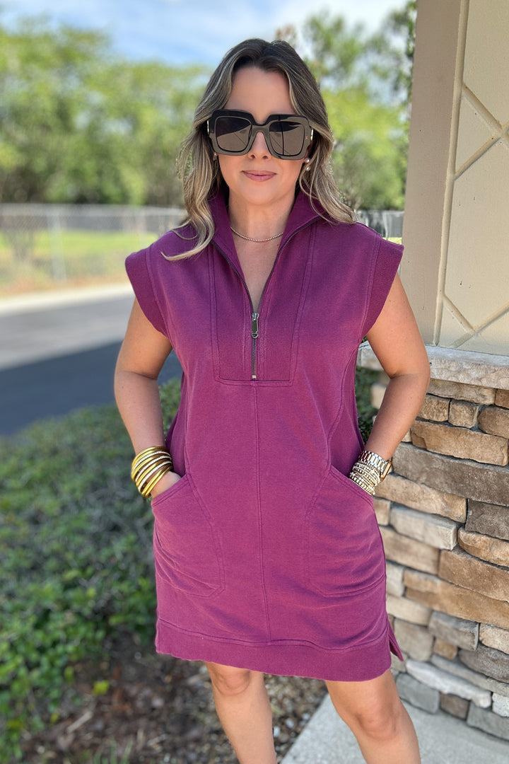Meg Half Zip Sweatshirt Dress  - Plum