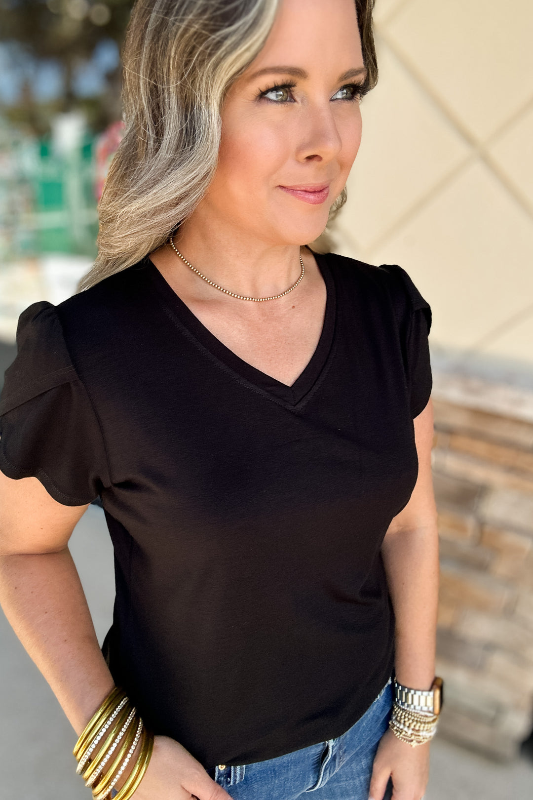 Tulip Sleeve Crepe Top - Black