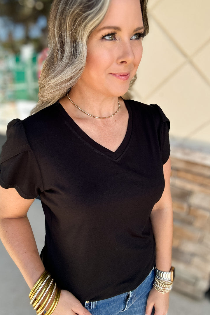 Tulip Sleeve Crepe Top - Black