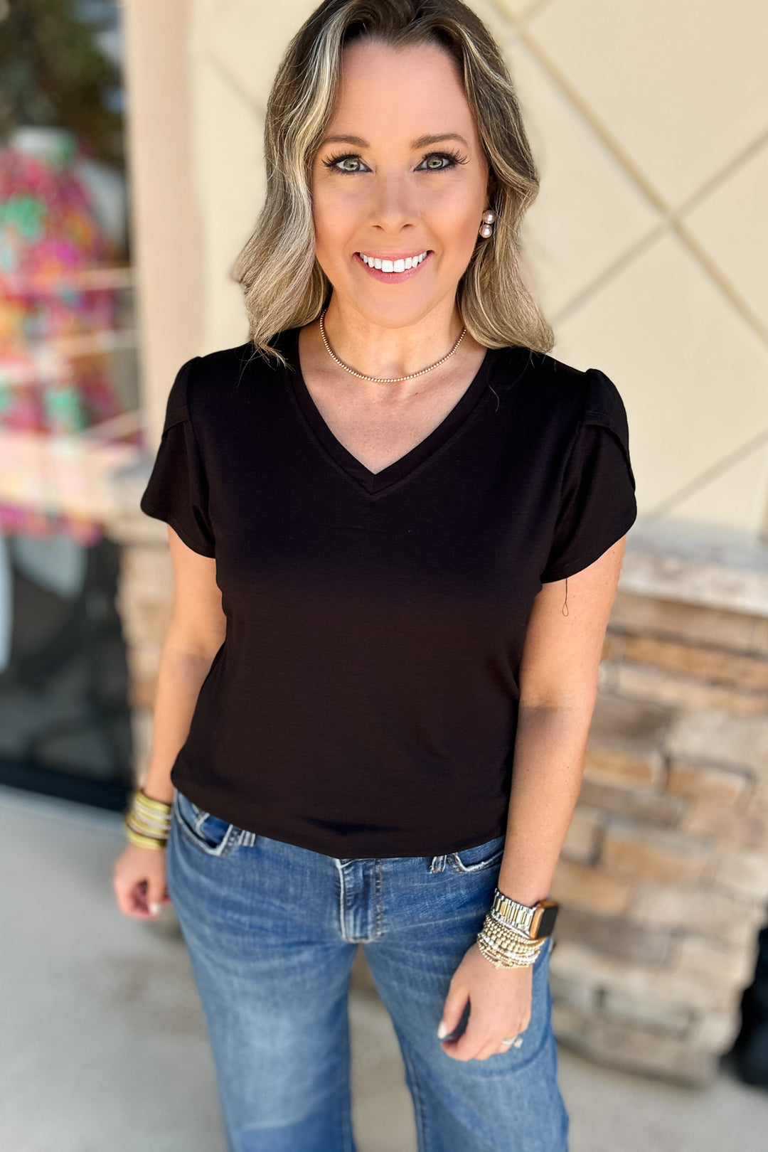 Tulip Sleeve Crepe Top - Black
