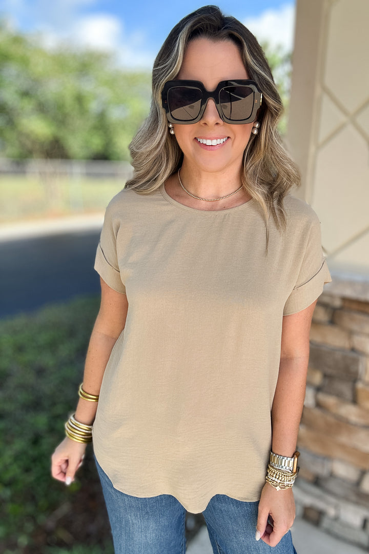 Basic No More Cuffed Sleeve Top - Tan
