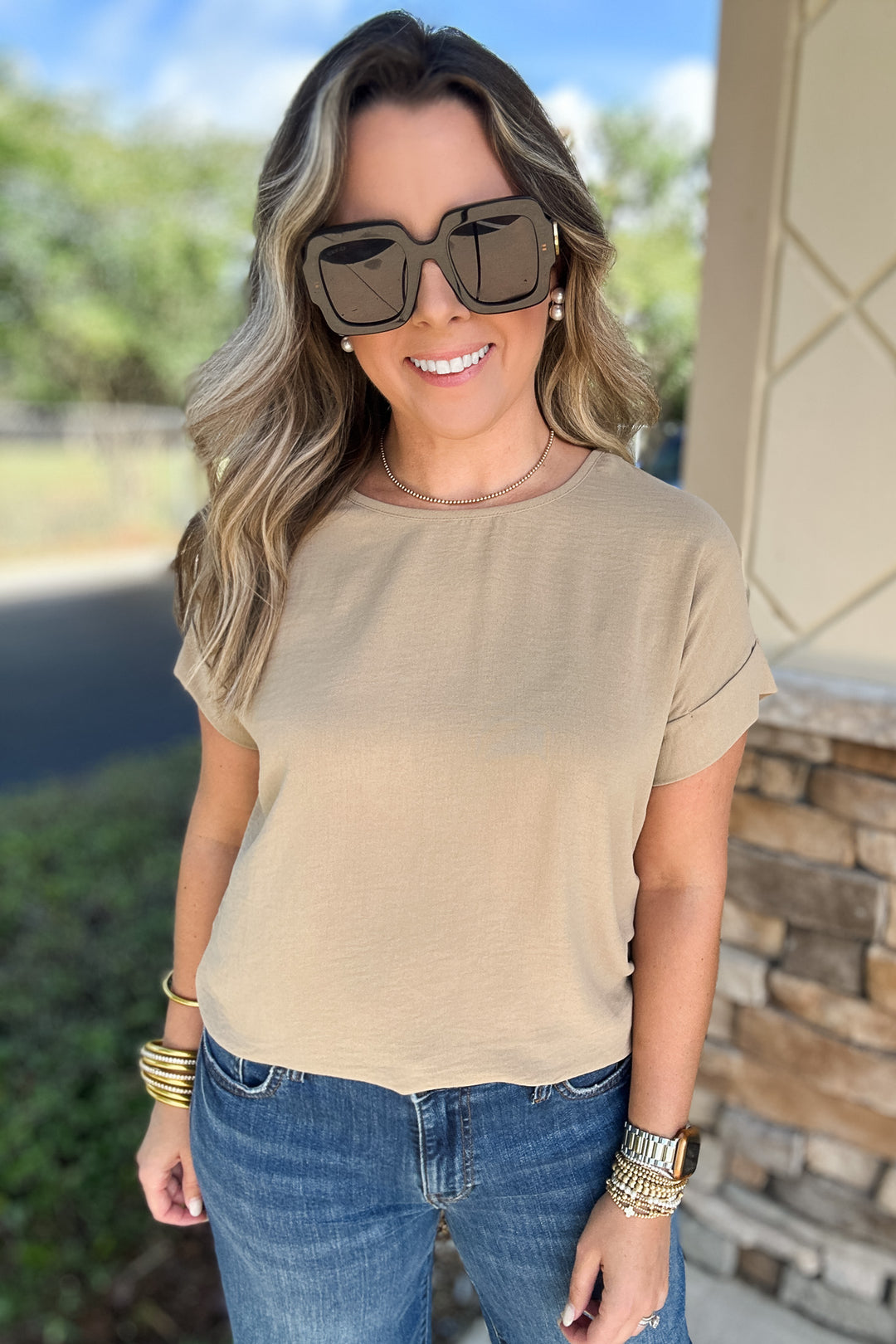 Basic No More Cuffed Sleeve Top - Tan