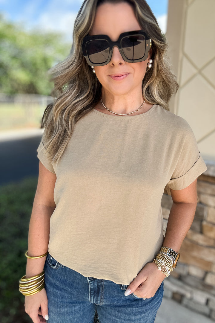 Basic No More Cuffed Sleeve Top - Tan