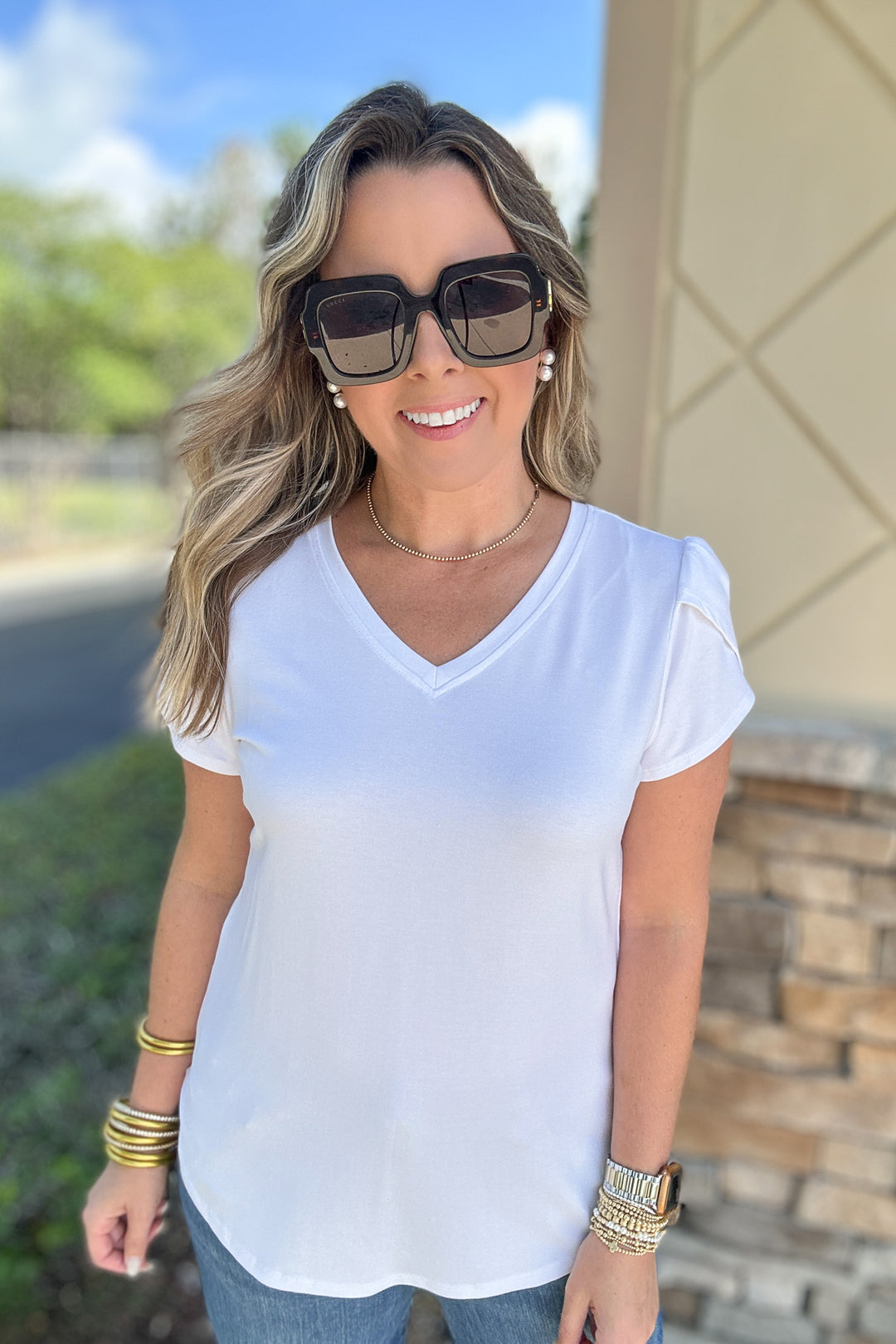 Tulip Sleeve Crepe Top - White