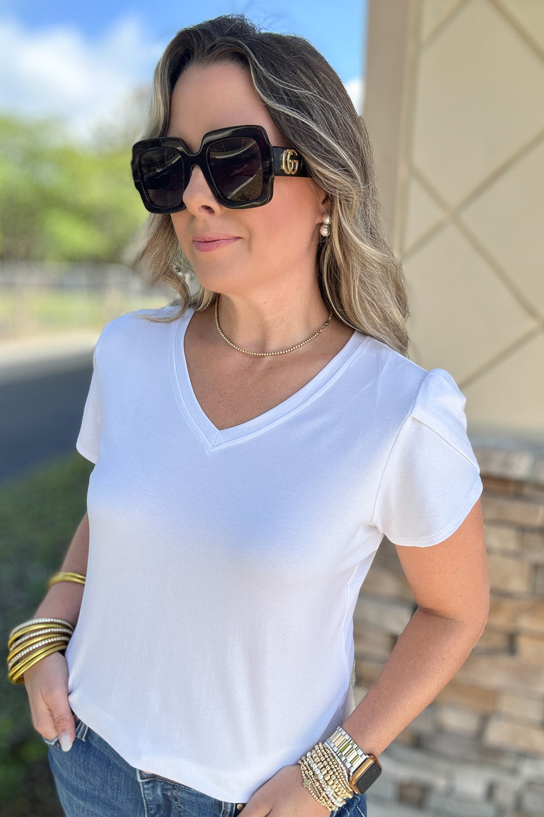 Tulip Sleeve Crepe Top - White