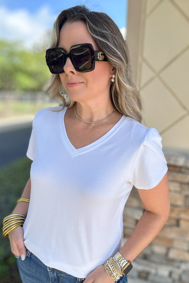 Tulip Sleeve Crepe Top - White