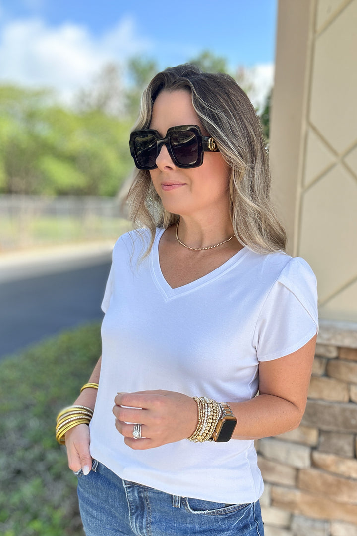 Tulip Sleeve Crepe Top - White