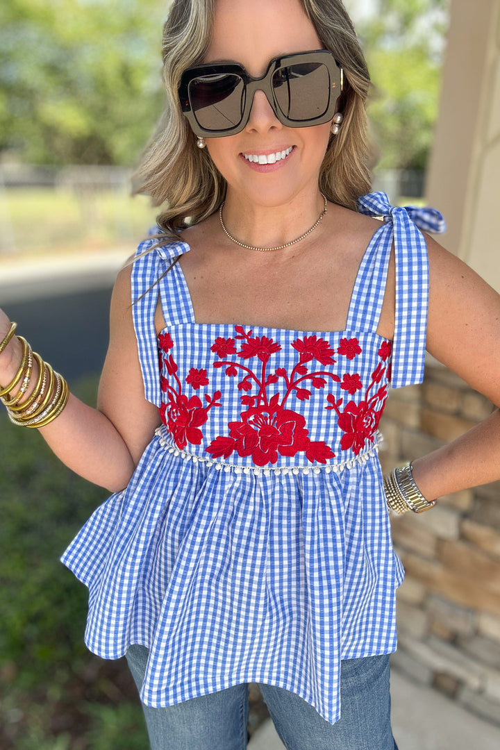 THML: Embroidered Gingham Bow Tie Tank - Blue