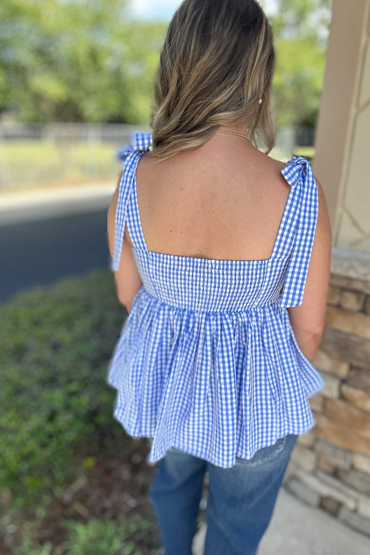 THML: Embroidered Gingham Bow Tie Tank - Blue