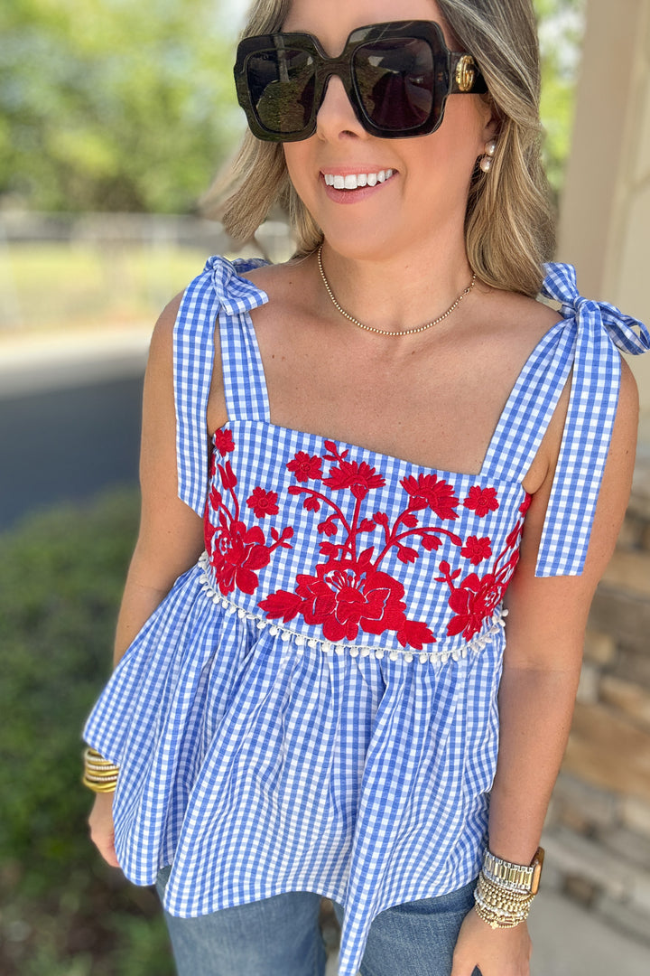 THML: Embroidered Gingham Bow Tie Tank - Blue