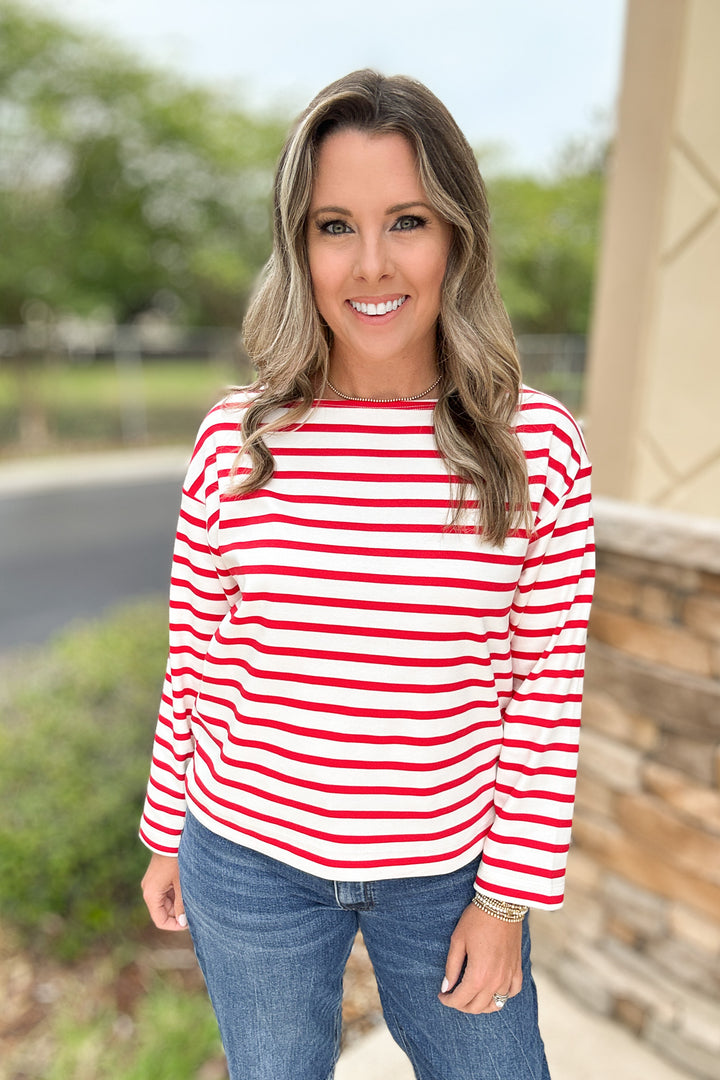 Spanx: Long Sleeve Boat Neck - Red + White