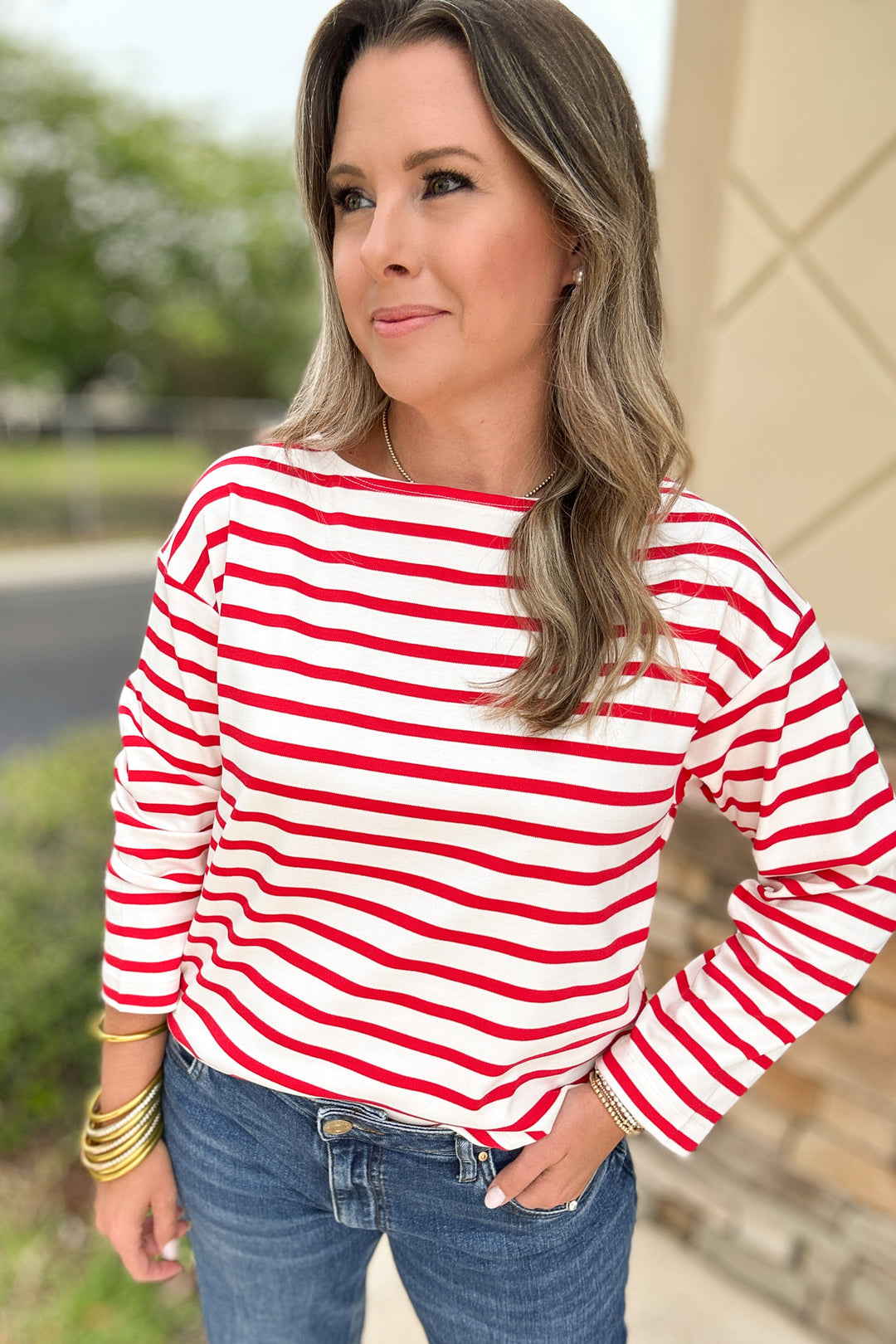Spanx: Long Sleeve Boat Neck - Red + White