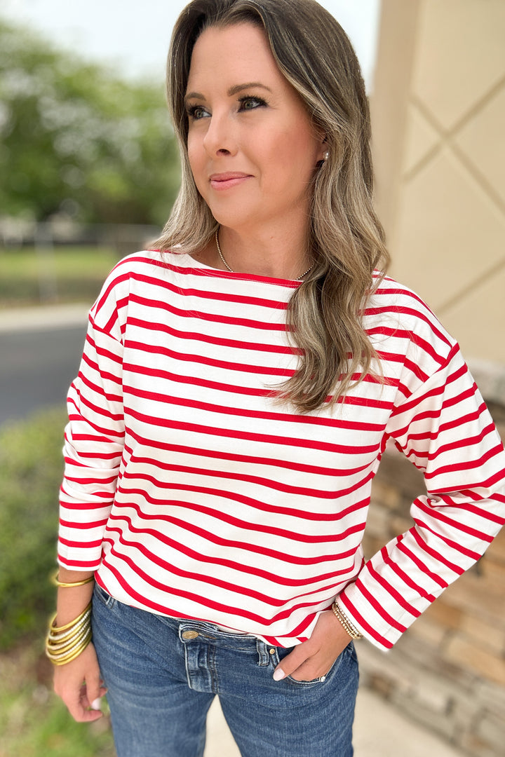 Spanx: Long Sleeve Boat Neck - Red + White
