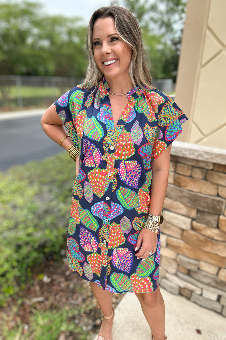 THML: Seashell Call Button Front Dress - Navy