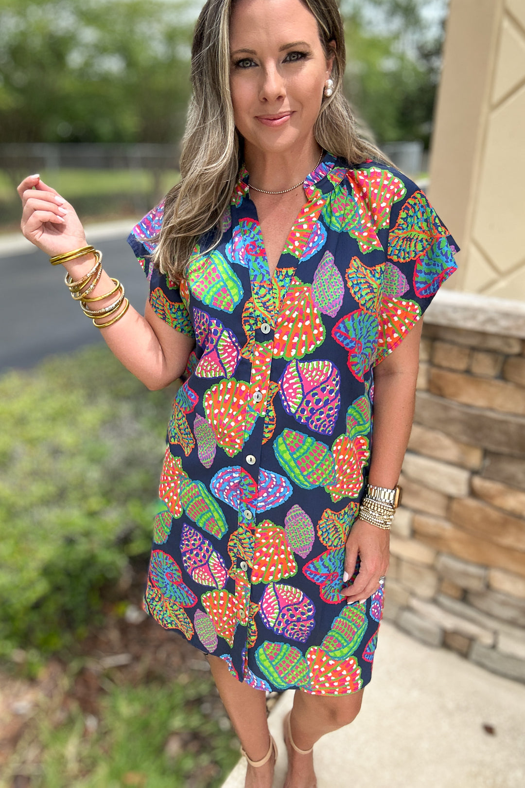 THML: Seashell Call Button Front Dress - Navy