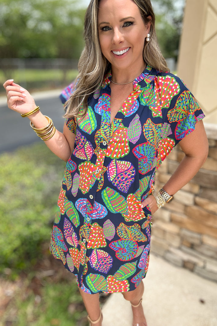 THML: Seashell Call Button Front Dress - Navy