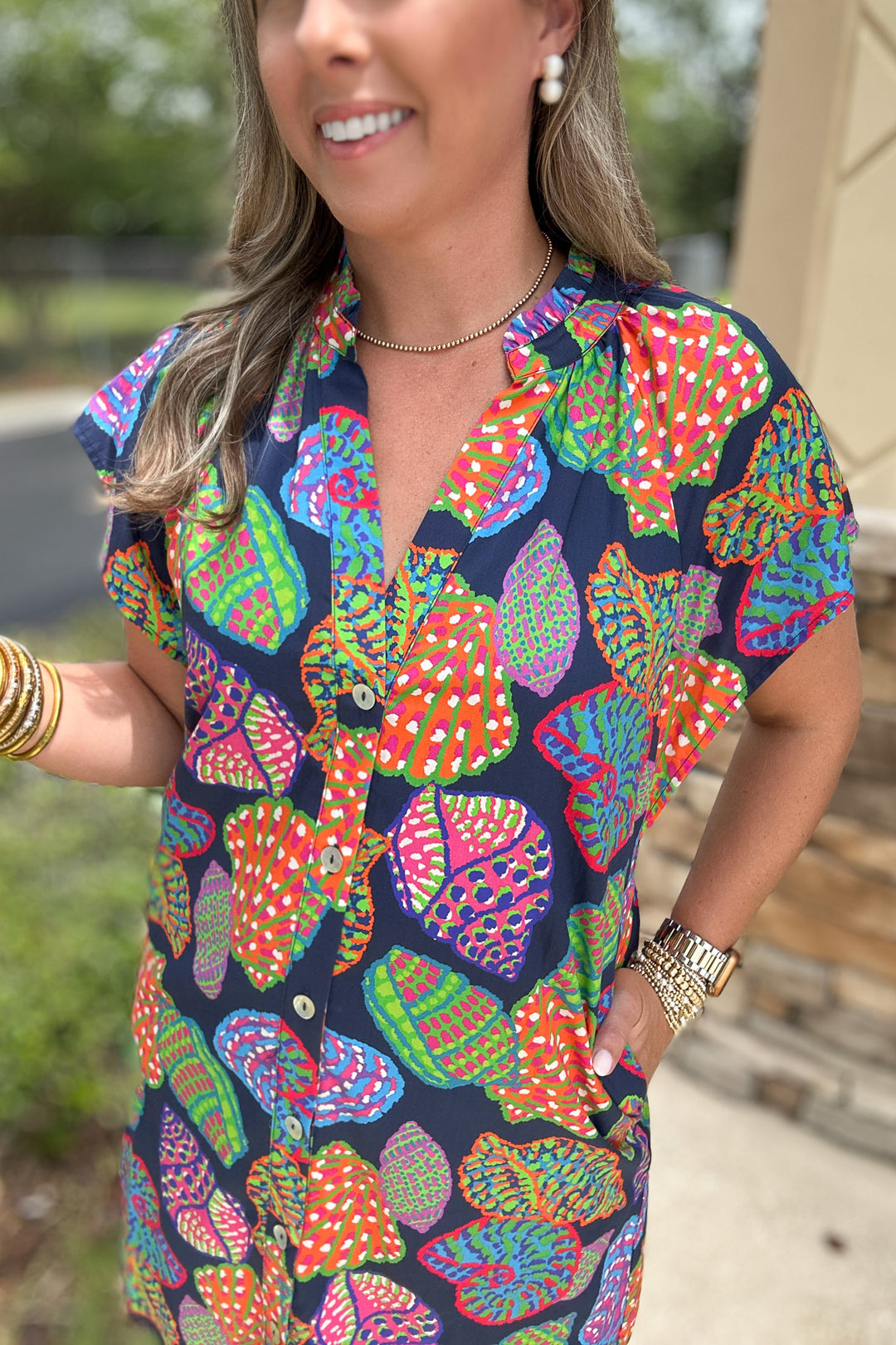 THML: Seashell Call Button Front Dress - Navy