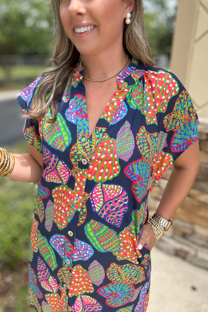 THML: Seashell Call Button Front Dress - Navy