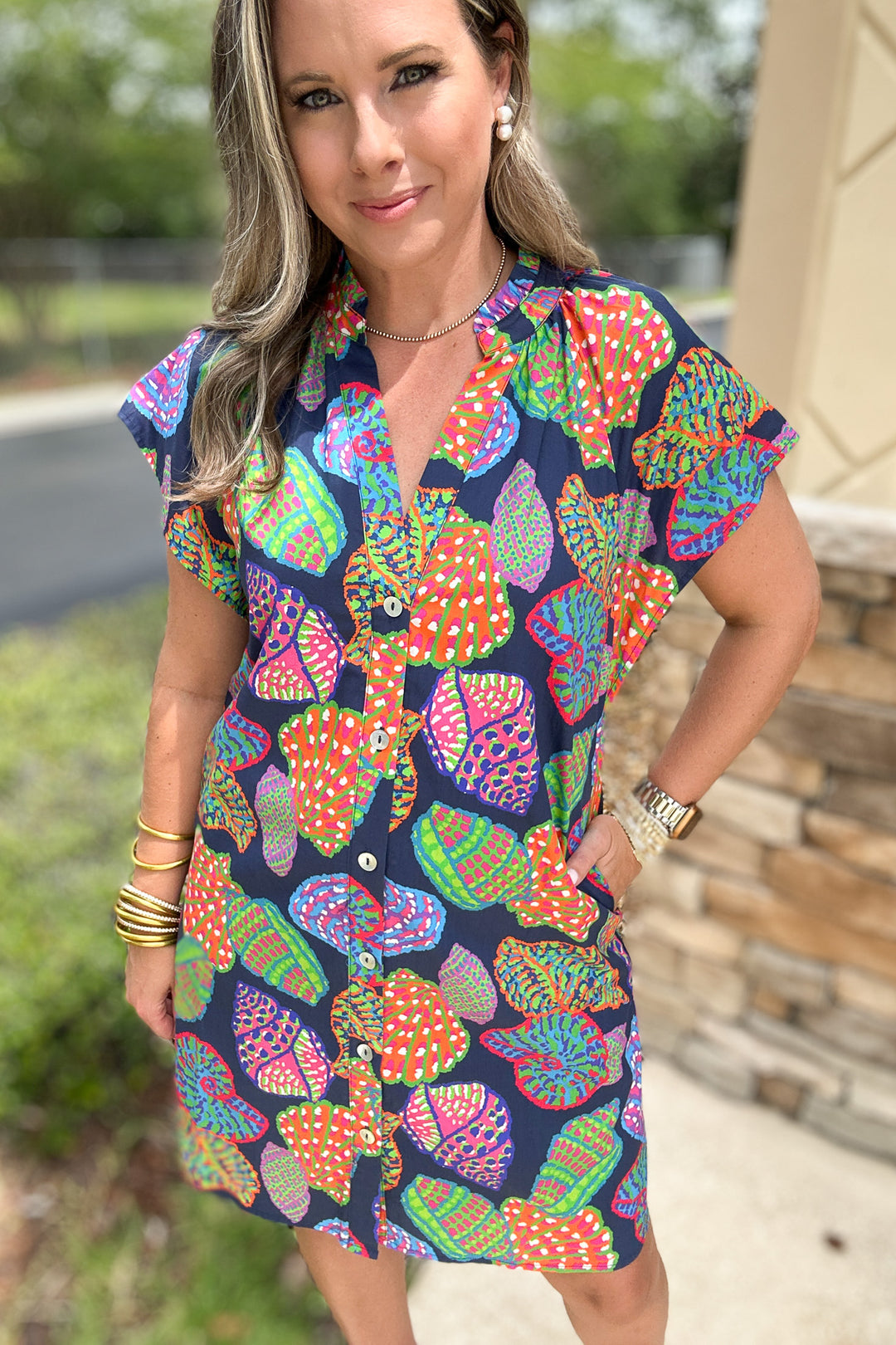 THML: Seashell Call Button Front Dress - Navy