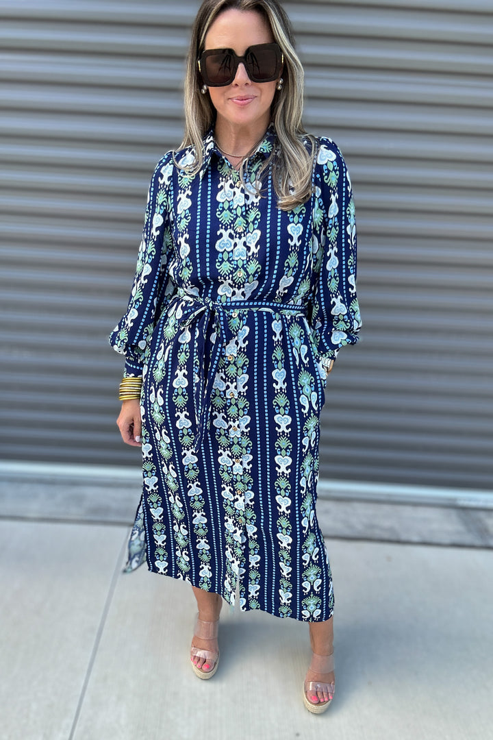 Ava Dress -  Ikat Stripe Navy