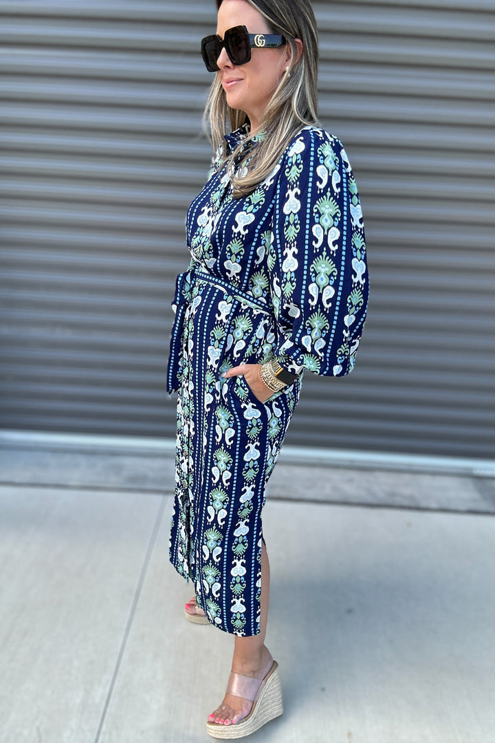 Ava Dress -  Ikat Stripe Navy