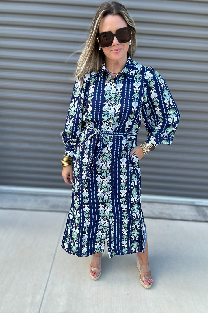 Ava Dress -  Ikat Stripe Navy