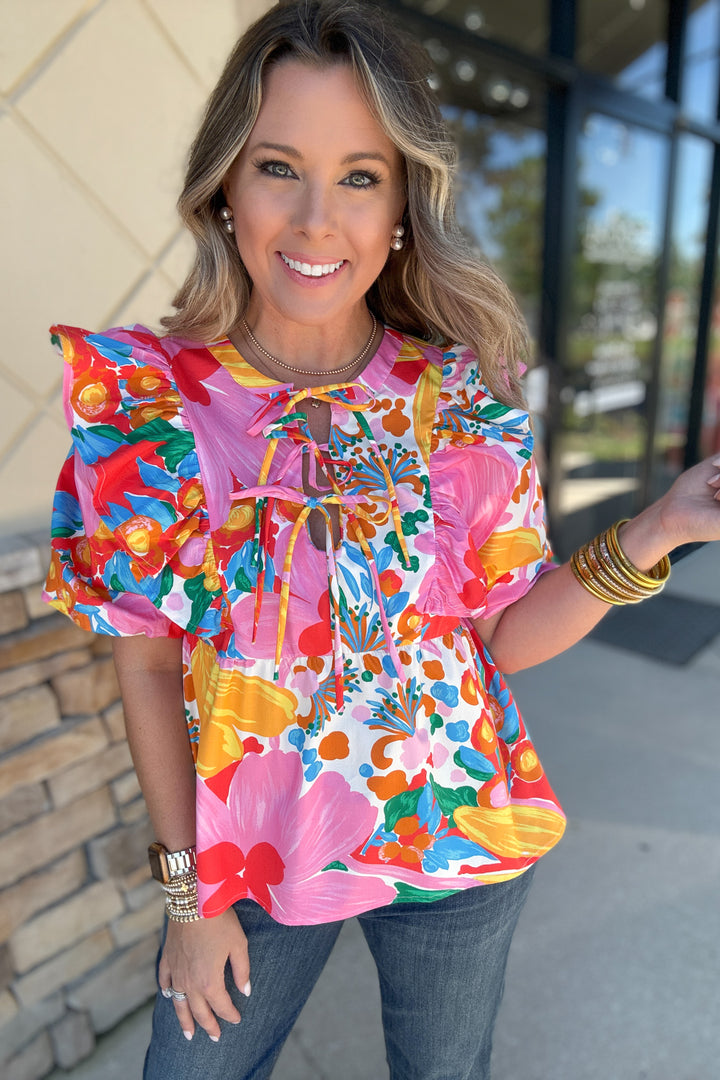 Ruffle Bow Blouse - Garden Scape