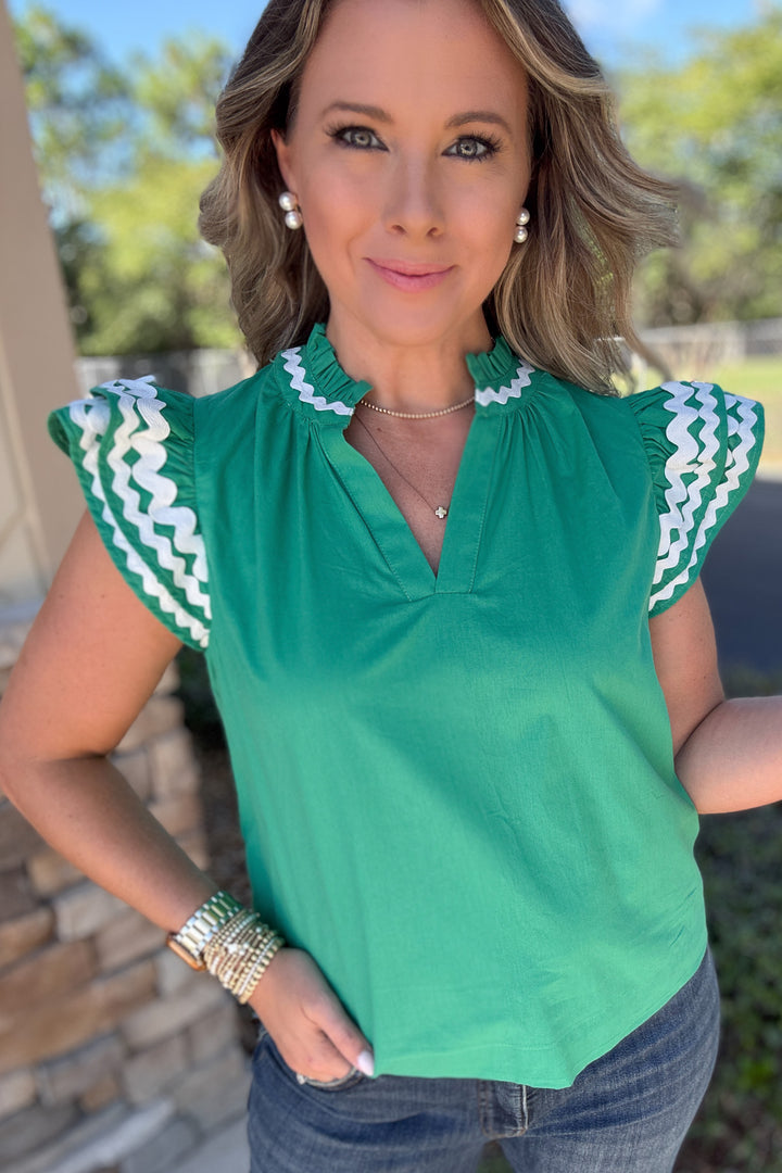 Embroidered Ruffle Sleeve Blouse - Kelly Green