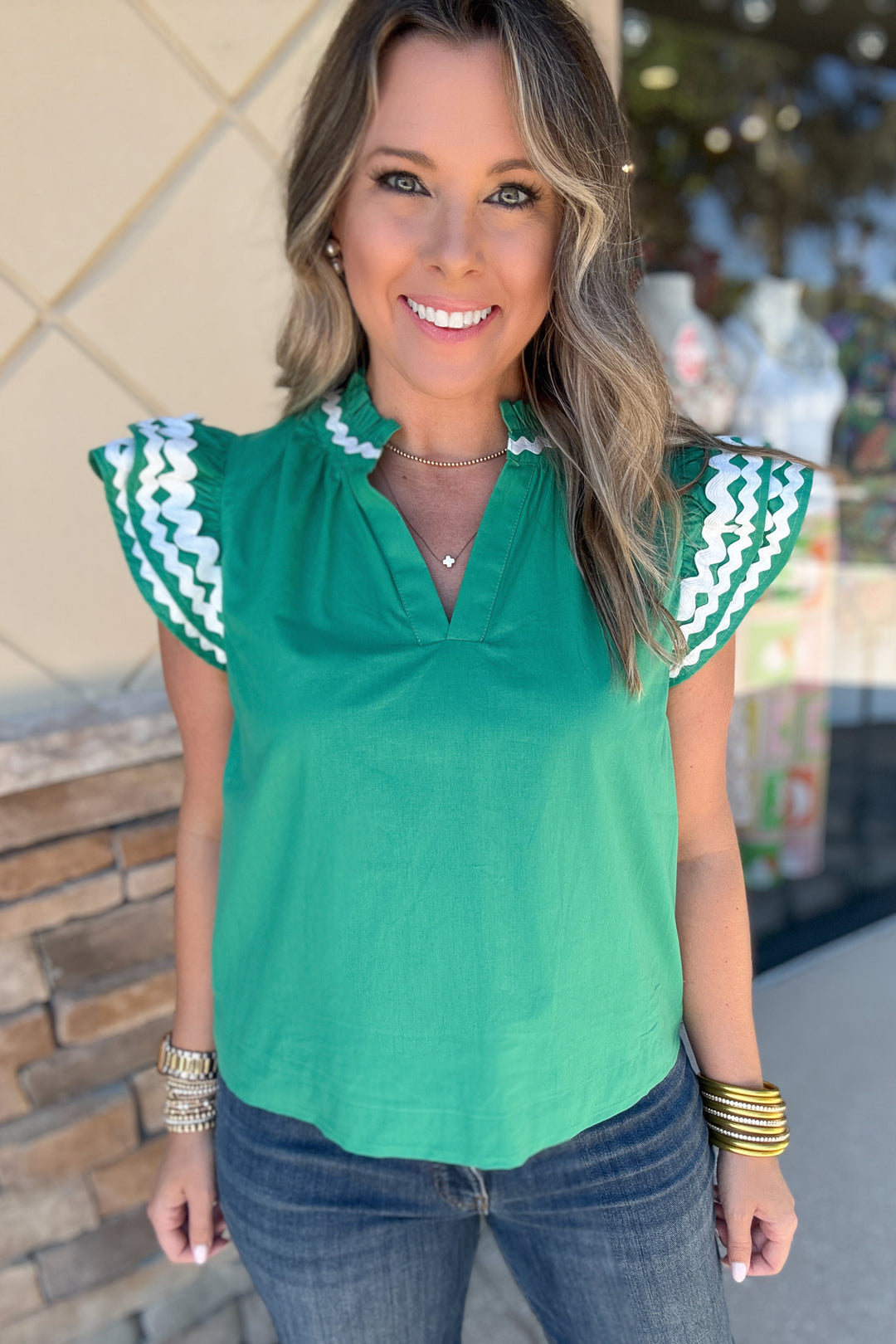 Embroidered Ruffle Sleeve Blouse - Kelly Green