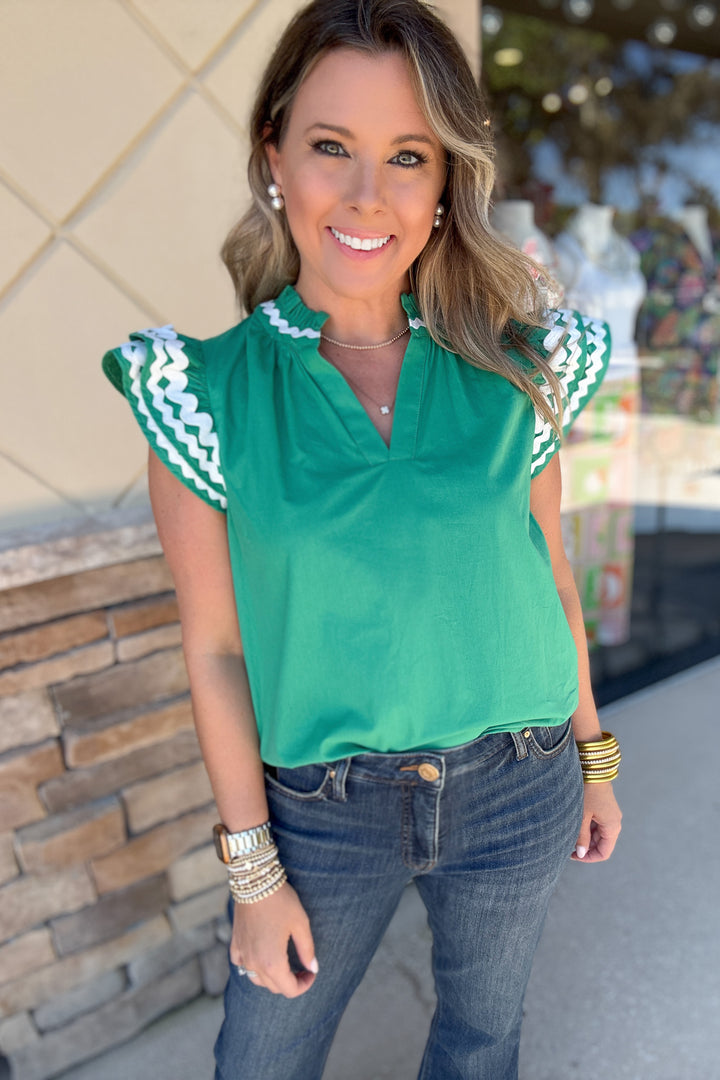 Embroidered Ruffle Sleeve Blouse - Kelly Green