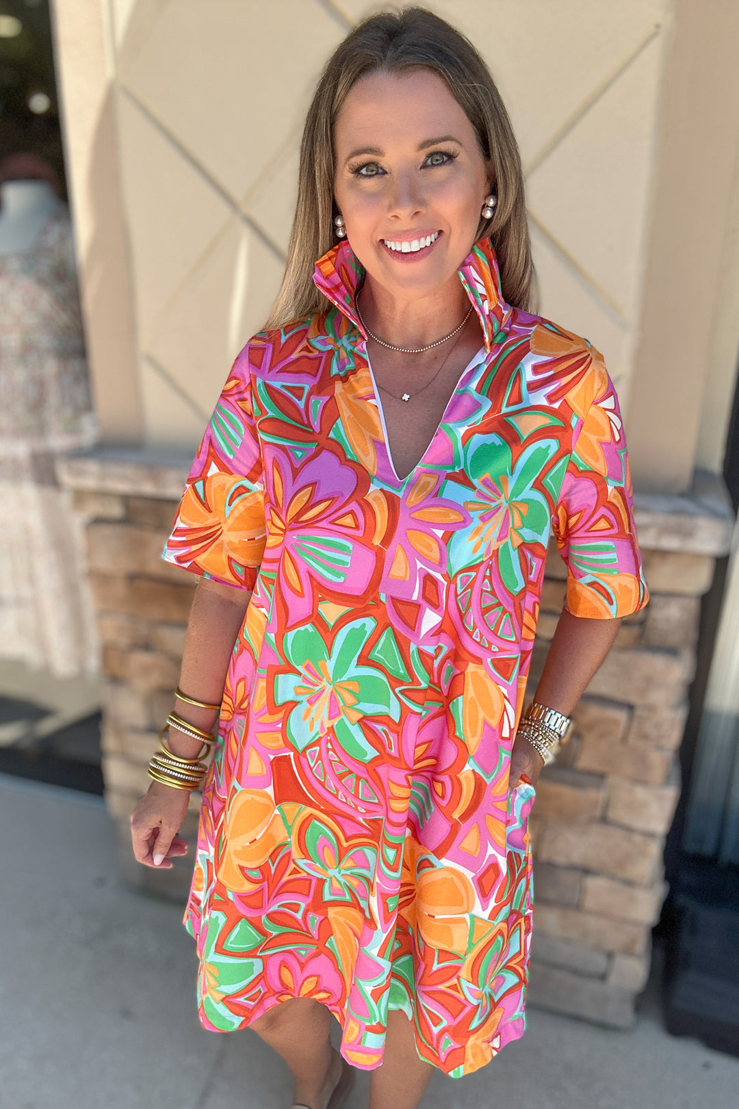 Oliva Ruffle Neck Shift Dress - Bloom Mirage