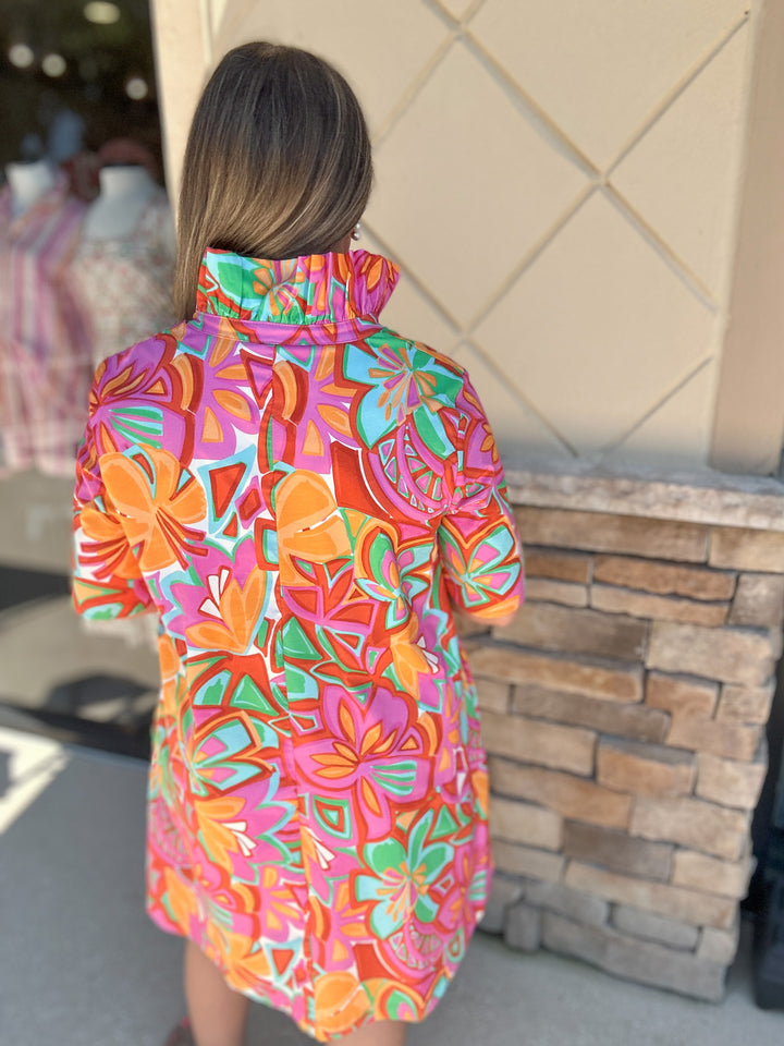 Oliva Ruffle Neck Shift Dress - Bloom Mirage