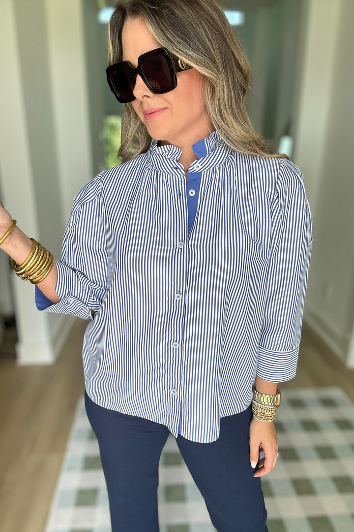 Ruffled Striped 3/4 Sleeves Button-up Top - Navy