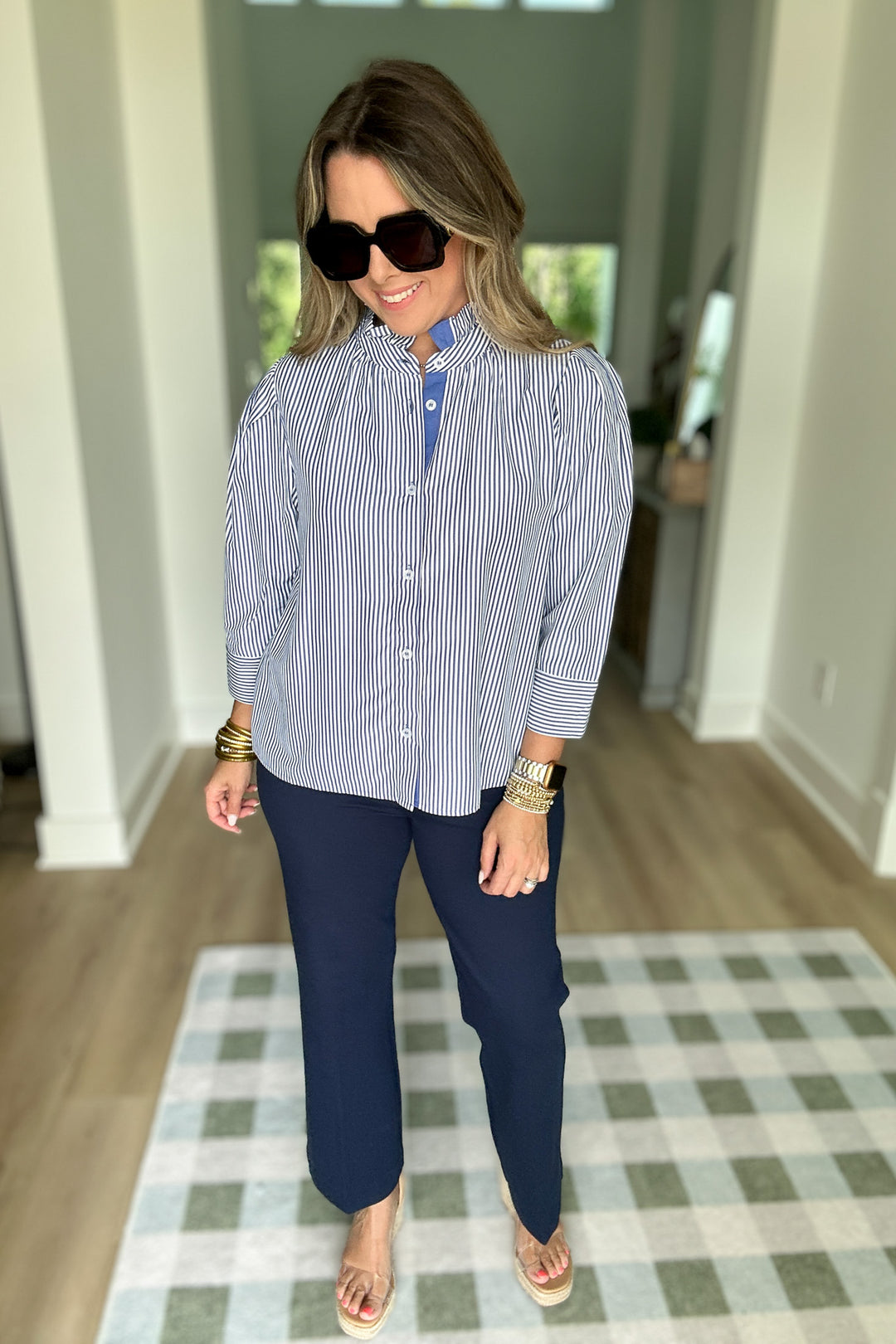 Ruffled Striped 3/4 Sleeves Button-up Top - Navy