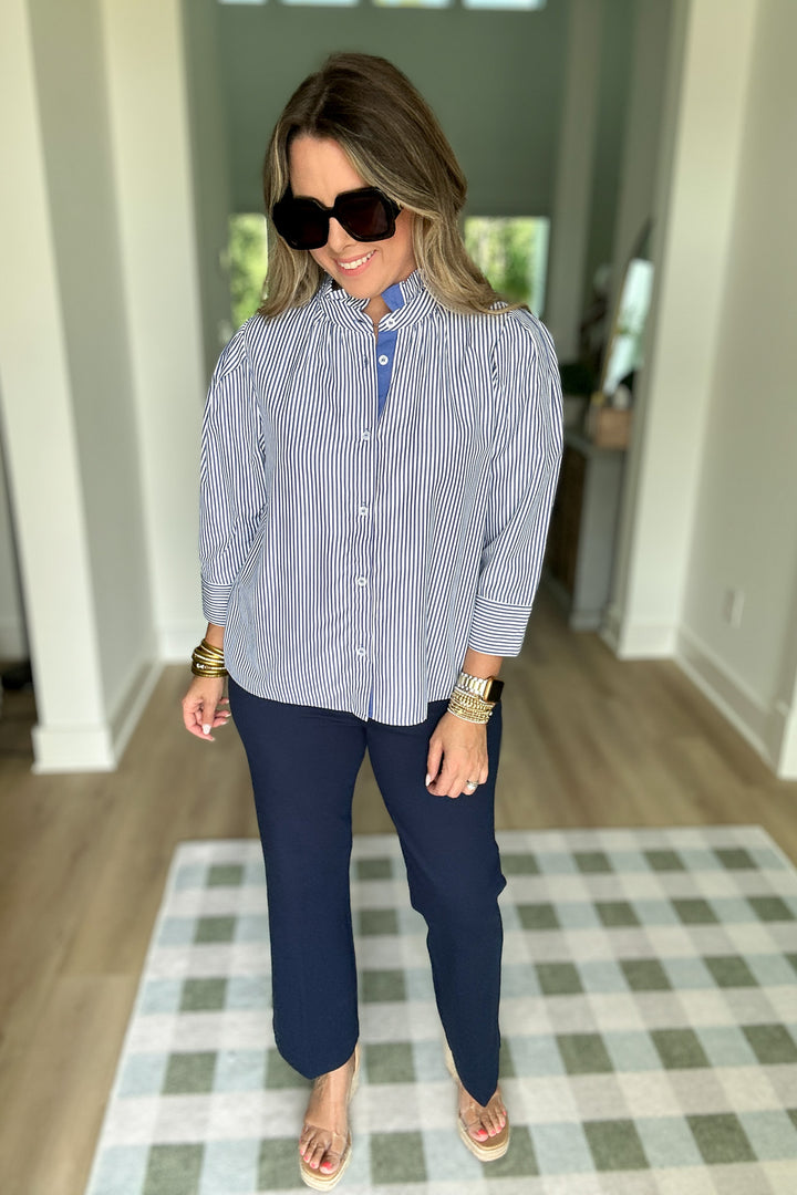 Ruffled Striped 3/4 Sleeves Button-up Top - Navy