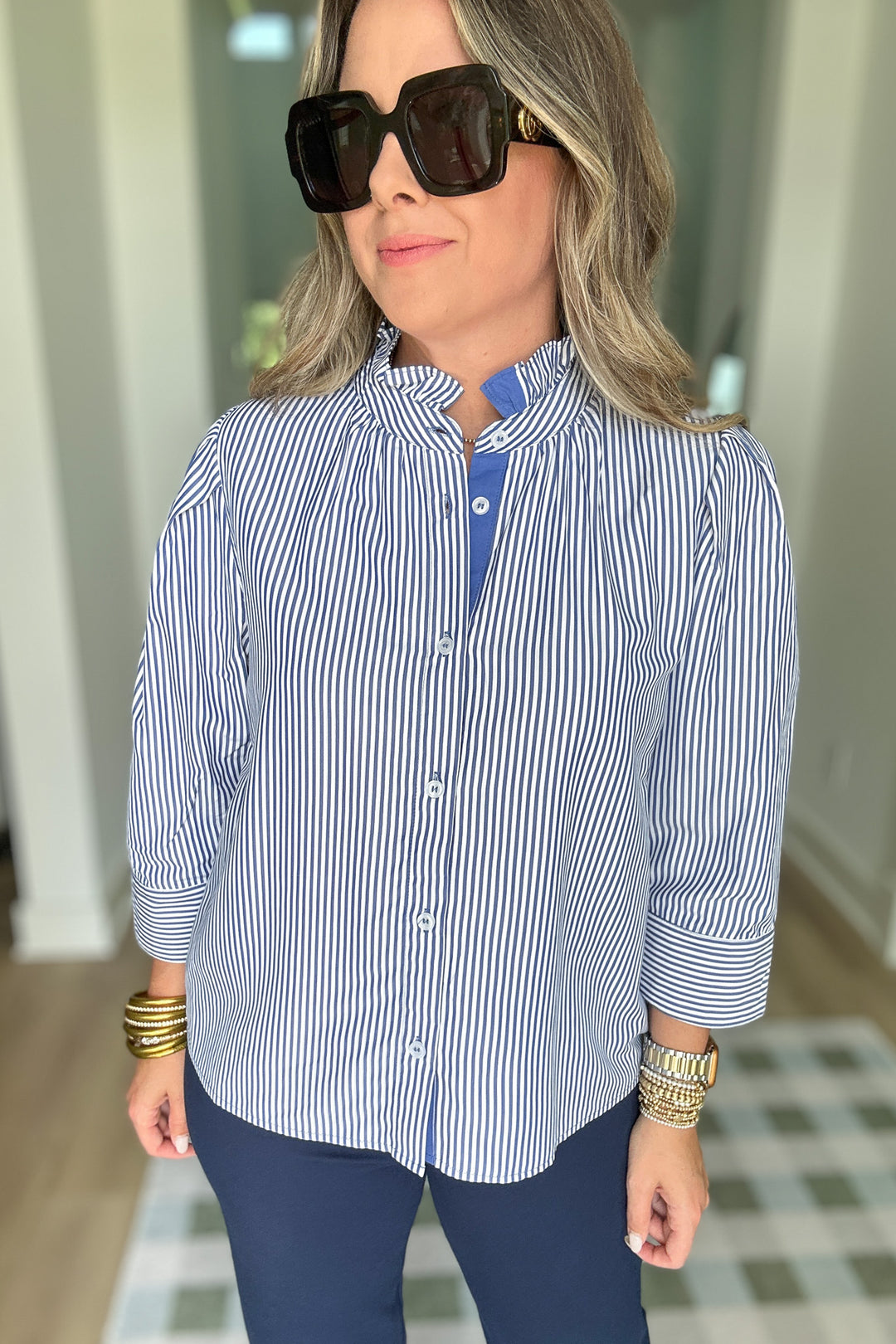 Ruffled Striped 3/4 Sleeves Button-up Top - Navy
