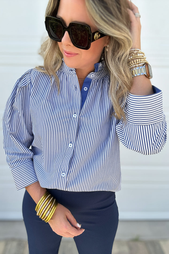 Ruffled Striped 3/4 Sleeves Button-up Top - Navy