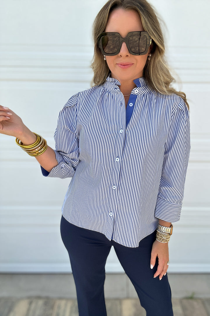 Ruffled Striped 3/4 Sleeves Button-up Top - Navy