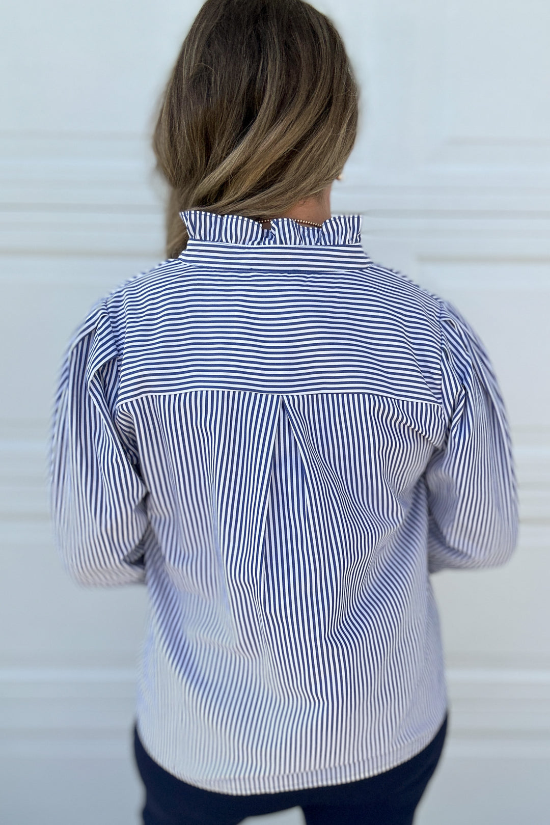 Ruffled Striped 3/4 Sleeves Button-up Top - Navy