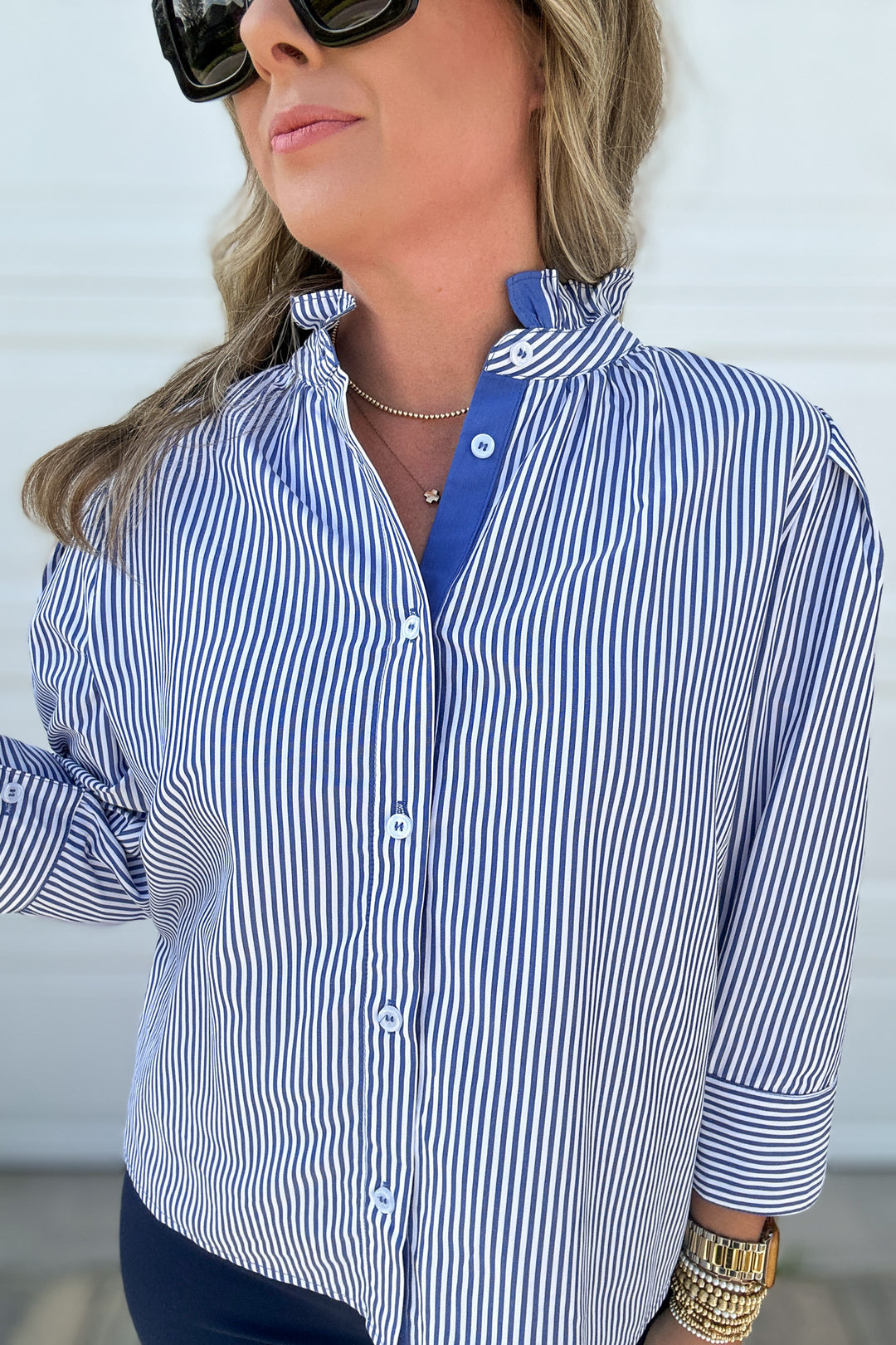 Ruffled Striped 3/4 Sleeves Button-up Top - Navy