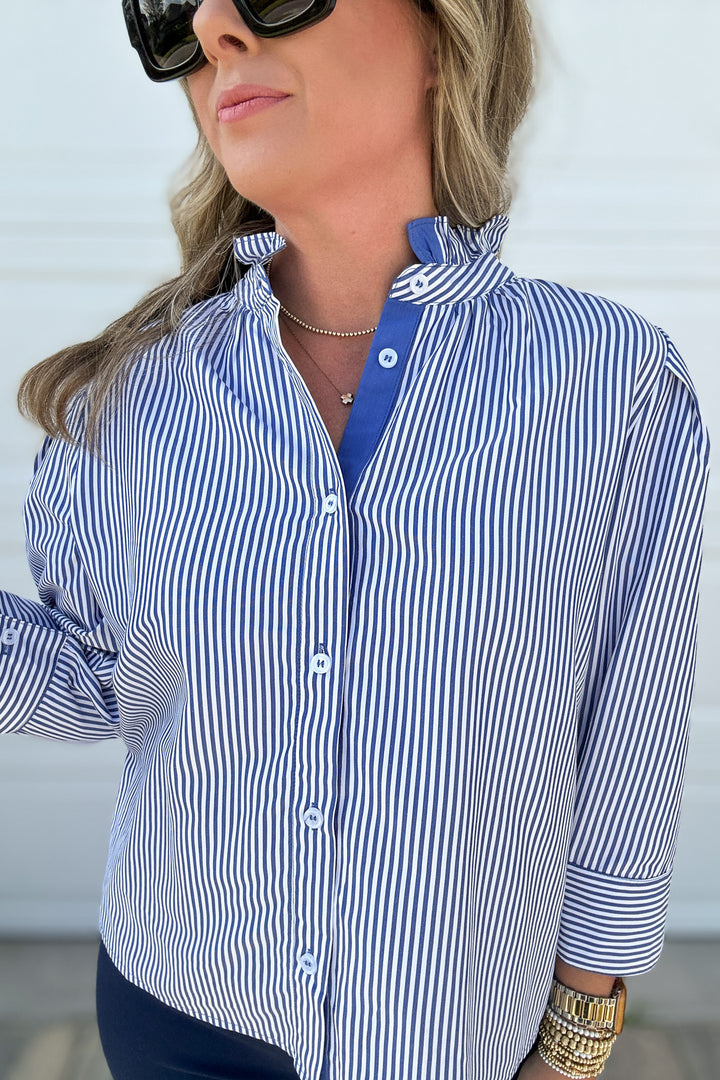 Ruffled Striped 3/4 Sleeves Button-up Top - Navy