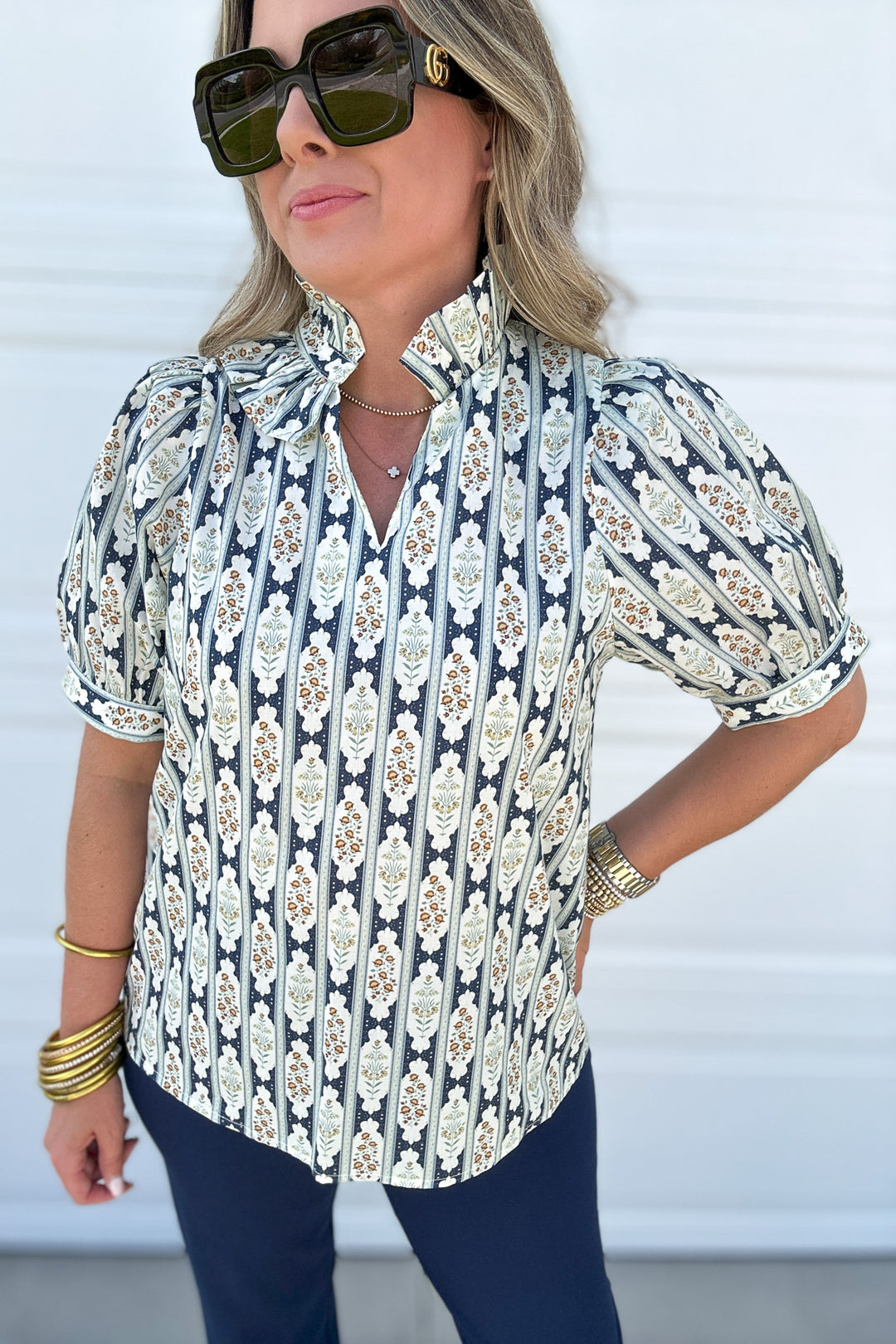 Medallion Dream Ruffle Top - Navy