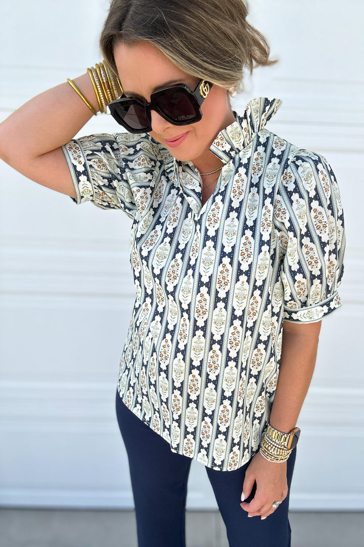 Medallion Dream Ruffle Top - Navy